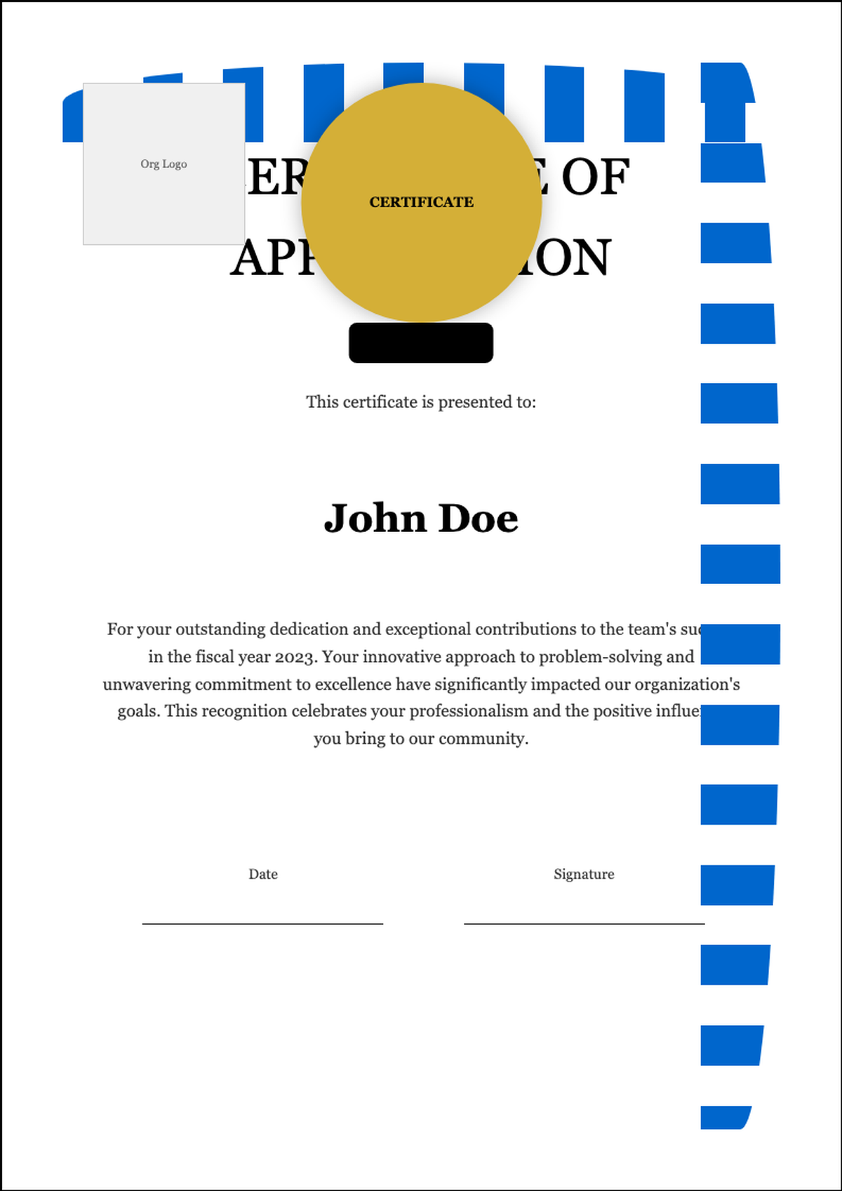 Professional certificate of appreciation with blue wave design and gold best seal_variant_1